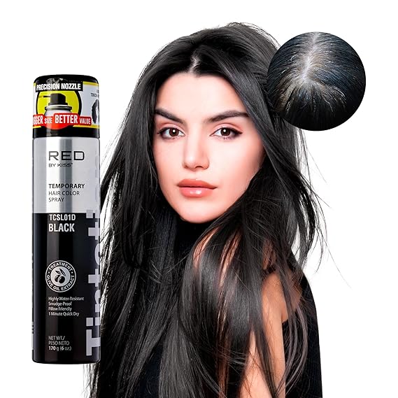 Red by Kiss Tintation Temporary Hair Color Spray, Instant Gray Root Touch Up Coverage, Water-Resistant & Smudge-Proof, Easy Wash Out, Barber & Hairline Touch-Up, Quick-Dry (Black, 6 oz)