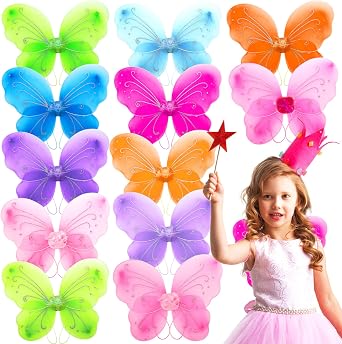 Noamus 12 Packs Butterfly Fairy Wings for Girls, Sparkle Princess Wings Bulk for Kids, Dress Up Glitter Costume Accessories for Christmas Theme Halloween Birthday Cosplay Party Favor12 Colors