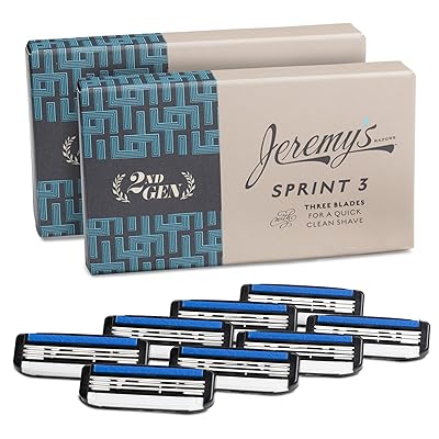 Jeremys Razors for Men - Sprint 3 Razor Blade Refills - 8 Cartridges Fits All 2nd Gen Jeremys Razor Handles - Stainless Steel, Lubricating Strip, Easy Rinse Design - Mens Shaving Blades Refill