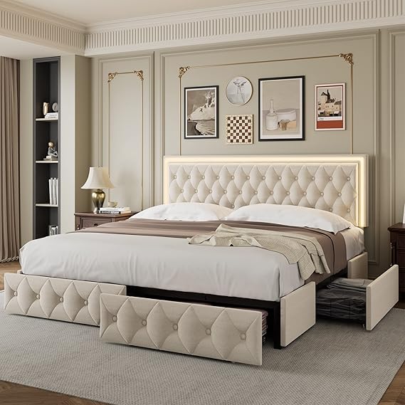 Keyluv Full Size LED Bed Frame with 4 Storage Drawers and Adjustable Headboard, Velvet Upholstered Button Tufted Modern Platform Bed, Solid Wooden Slats Support, Easy Assembly, Beige