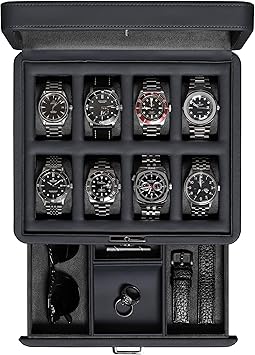ROTHWELL 8 Slot Leather Watch Box with Valet Drawer - Luxury Case Display Jewelry Organizer, Locking Display Case Holder with Real Glass Top - Watch Box Organizer for Men & Women Carbon