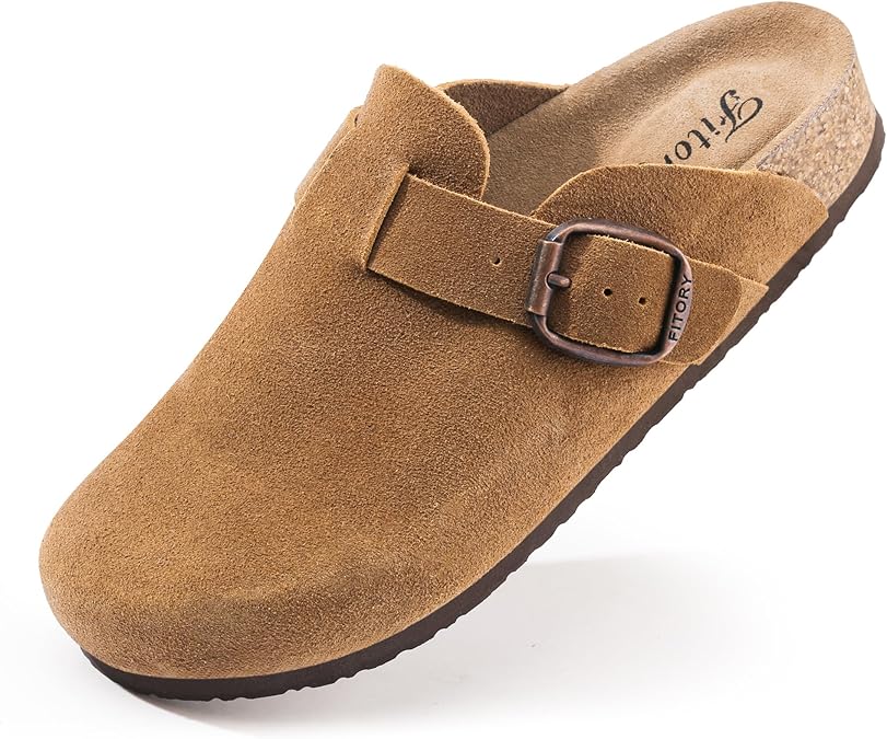FITORY Womens Clogs Slip-on Potato Shoes Leather Mules with Suede Cork Footbed Size 6-11