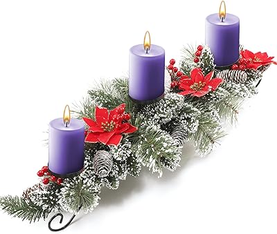 Artificial Christmas Centerpiece with 3 Candle Holders Red Flowers Red Berries and Snowy Pine Cones Steel Base Christmas Decor Candelabrum for Indoor Xmas Ornaments Wedding, 30 Inch